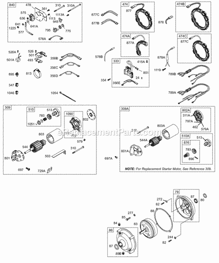 Alternator Electric Starter Gear Reducer Diagram and Parts List for  Briggs and Stratton Engine